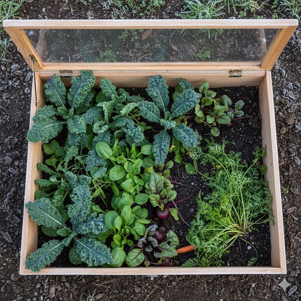 winter edible gardening, cold frame gardening, extend growing season, mini greenhouse, DIY cold frame, cloches for garden, overwintering vegetables, protect garden from frost, season extension, winter vegetable garden