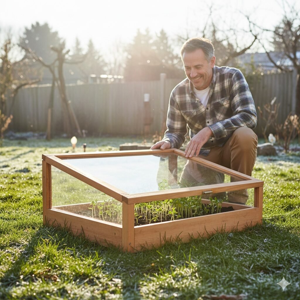 winter edible gardening, cold frame gardening, extend growing season, mini greenhouse, DIY cold frame, cloches for garden, overwintering vegetables, protect garden from frost, season extension, winter vegetable garden