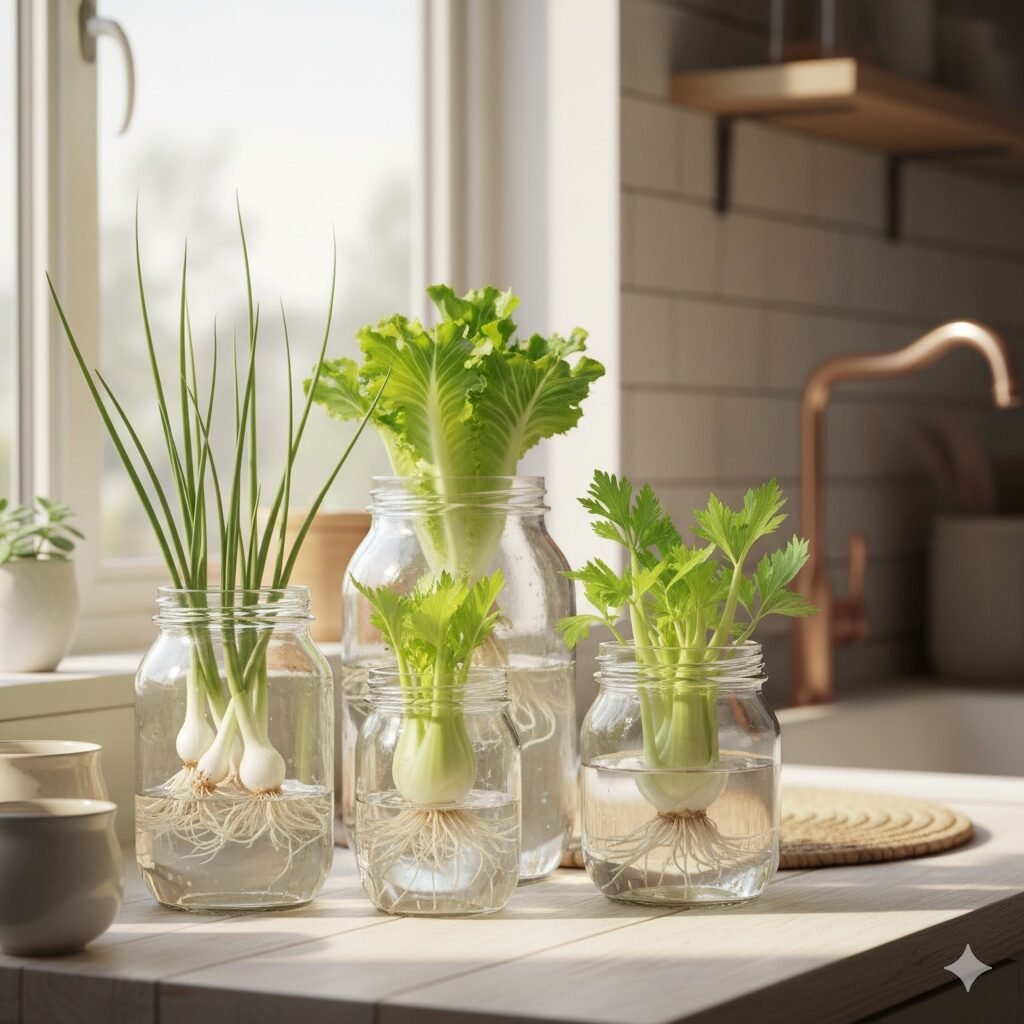 zero waste gardening, regrow kitchen scraps, regrowing vegetables from scraps, regrowing herbs from kitchen scraps, regrow lettuce from scraps, regrow green onions, kitchen scrap gardening, how to regrow vegetables from kitchen scraps at home, can you regrow food from scraps, best vegetables to regrow from scraps, zero waste edible gardening tips, regrow basil from cuttings in water