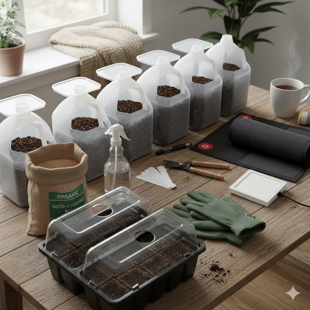 winter sowing tools, seed starting mix, milk jug greenhouse, spray bottle gardening, winter sowing beginners, gardening gear winter, cold-weather seed starting, outdoor seed containers, simple winter sowing setup